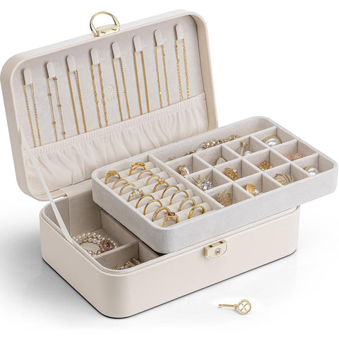 Vlando Jewelry Box Organizer for Girl,Faux Leather Lock Jewelry Case Boxes with 2 Layers,Earrings Necklace,Rings Storage,Gift Box Packaging,Wedding Birthday Gifts Beige