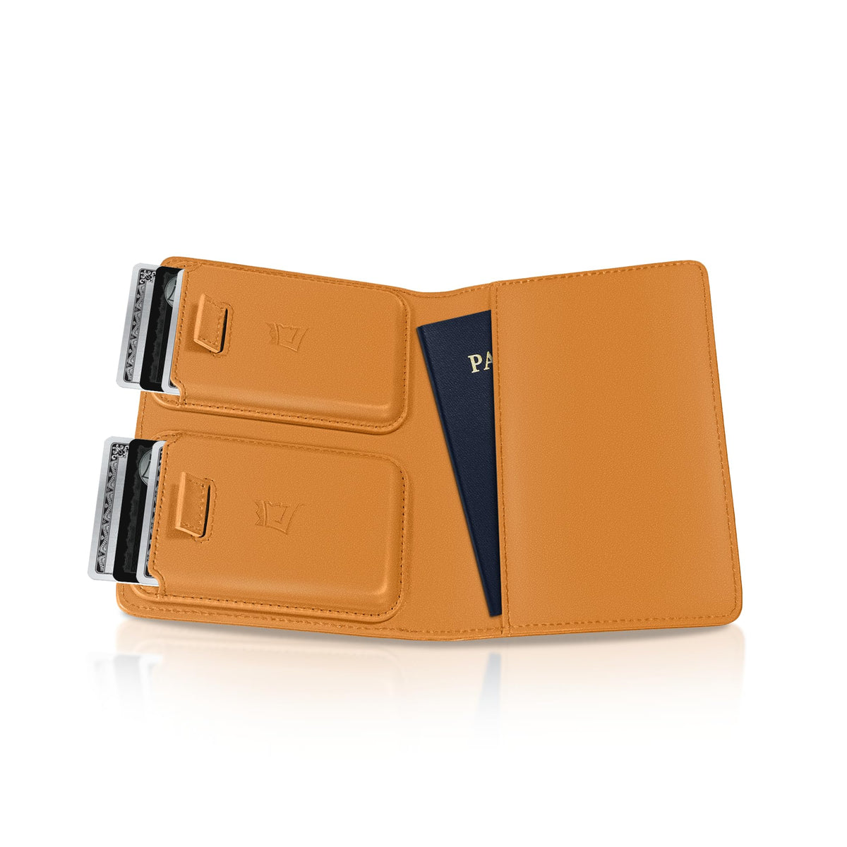 Kings Loot Passport Holder Wallet - RFID Protected & Premium Full Grain Leather - Built In Trackable Holder & Easy Pull Tab - Removable Iphone Mag Wallet - Fits 1-6 Cards and Passport - Cognac