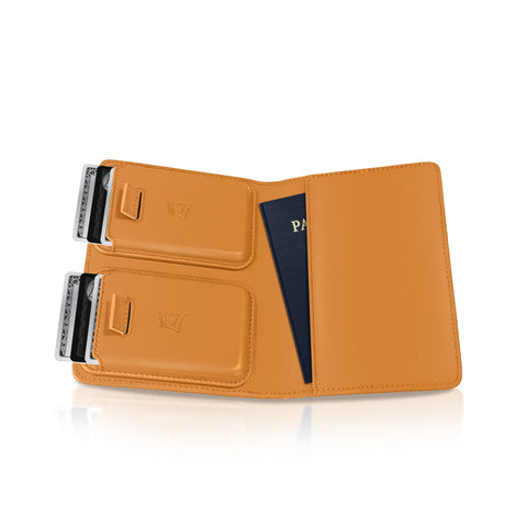Kings Loot Passport Holder Wallet - RFID Protected & Premium Full Grain Leather - Built In Trackable Holder & Easy Pull Tab - Removable Iphone Mag Wallet - Fits 1-6 Cards and Passport - Cognac