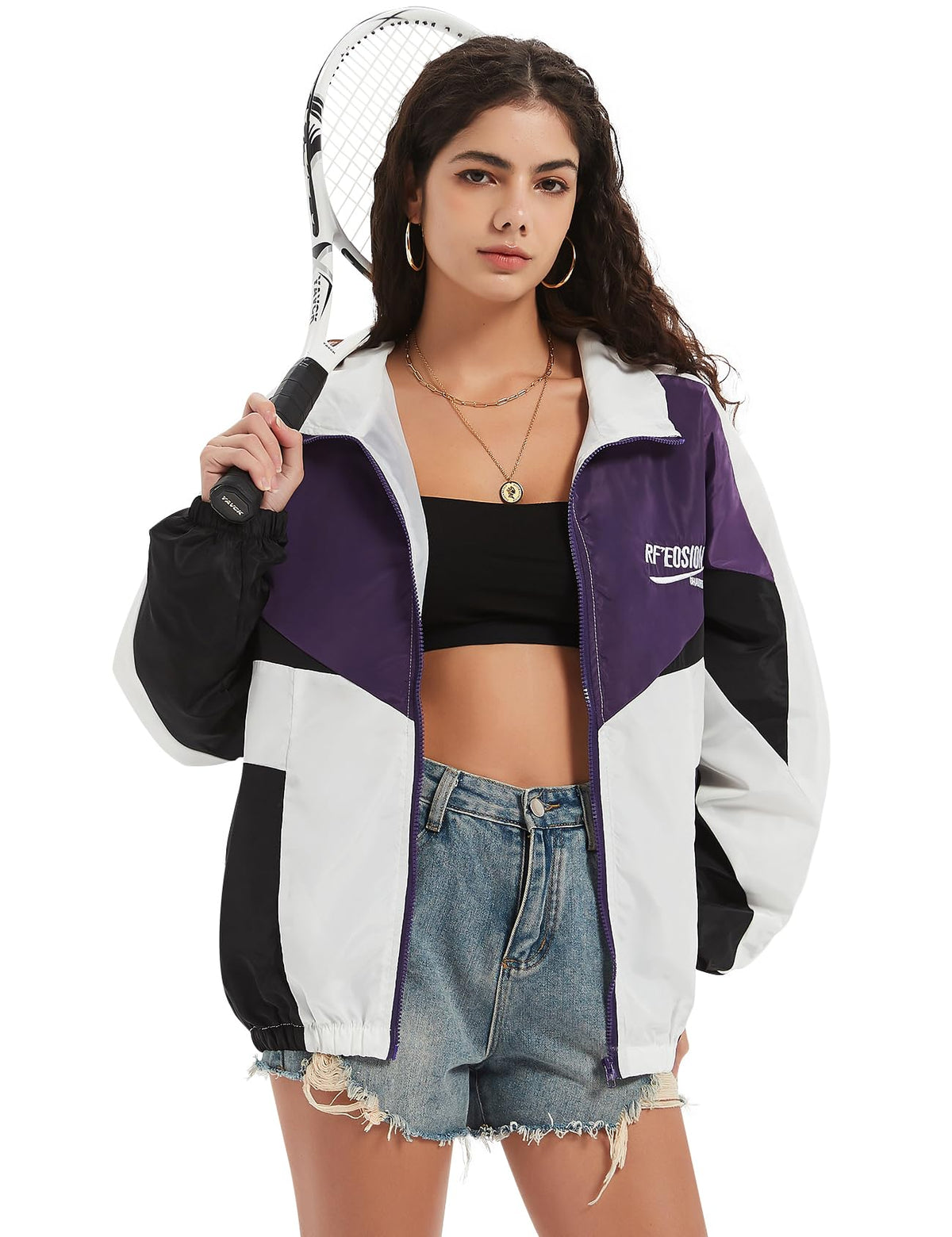 PEHMEA Women's Y2k Jacket Zip Up Varsity Jacket Lightweight Windbreaker Jacket Oversized 90s Jacket Patchwork Sport Coat(Purple-S)
