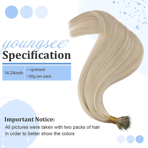YoungSee Nano Beads Hair Extensions Human Hair Blonde Nano Human Hair Extensions Ash Blonde Highlights Blonde Nano Ring Hair Extensions for Short Hair 14 Inch 1g/s 50g #P18/613