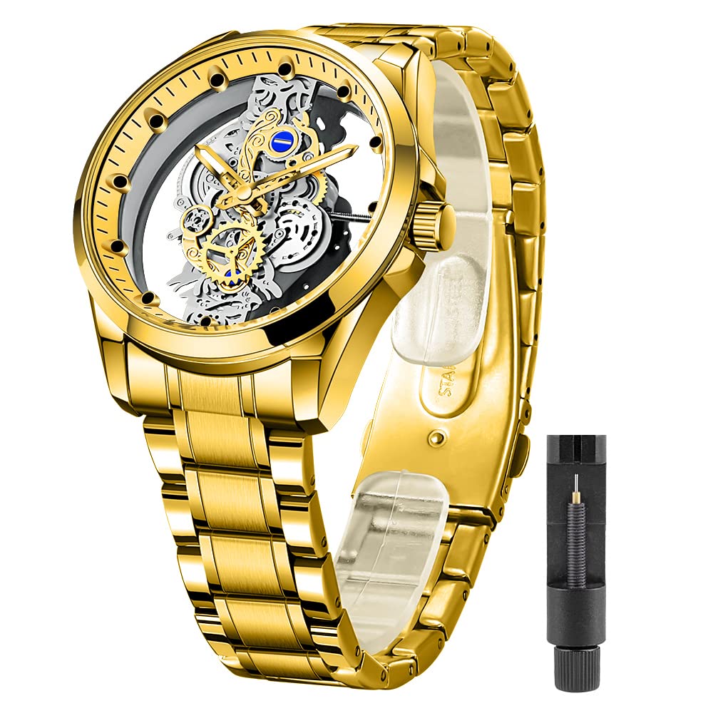 Tiong Gold Clear Cover Skeleton Quartz Watches for Men ?Men'sStainless Steel Waterproof Watches? Men's Clear Cover Business Quartz Watches - Gold