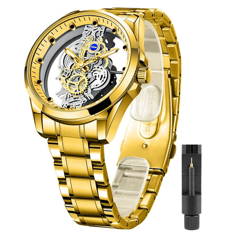 Tiong Gold Clear Cover Skeleton Quartz Watches for Men ?Men'sStainless Steel Waterproof Watches? Men's Clear Cover Business Quartz Watches - Gold