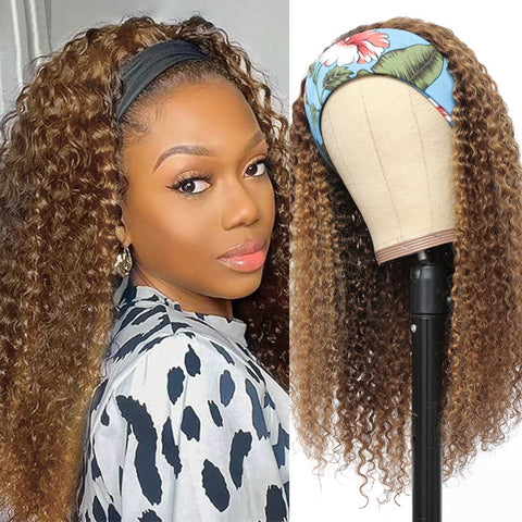 Eooma #4/27 Omber Headband Wig Human Hair 180% Density Curly Wigs for Black Women 10A Brazilian Curly Human Hair Headband Wigs Scarf No Gel Gluelees 22 Inch Remy Hair