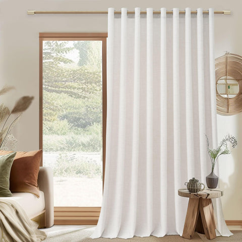 MRTREES Curtain with Rings for Interior, 1 Piece Linen Curtain, Transparent, Indoor White, Ivory, Large Width 300 x 240 cm, Glass Curtain for Door Window Bedroom Children Bedroom