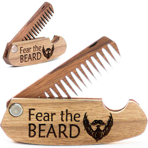 Beard Comb Gifts for Him Wooden Comb for Men Folding Pocket Comb for Moustache Beard Hair Walnut Combs Husband Anniversary Gift with the Engraving (Fear The Beard)
