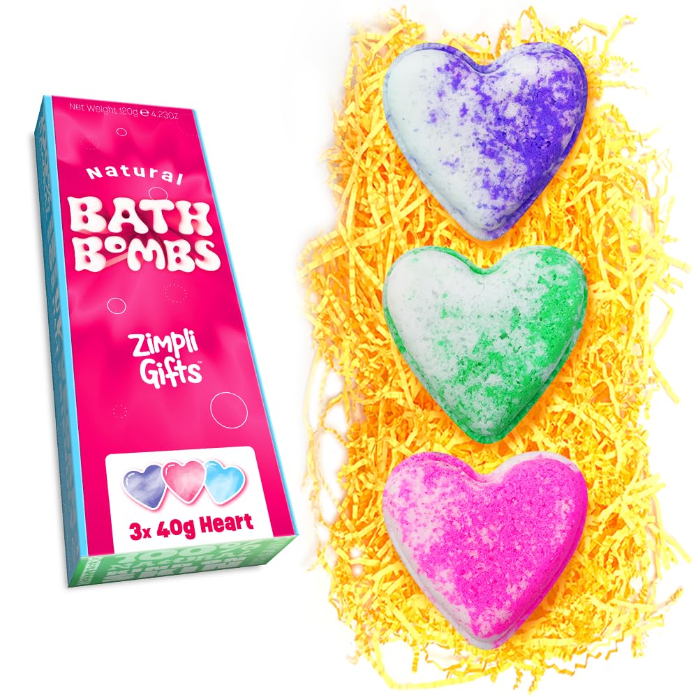 Zimpli Gifts 3 x Love Heart Value Bath Bomb Gift Set, Ideal Valentine's Day Present for Women, Girls, Sister, Daughter, Her, Christmas Stocking Filler, Birthday Beauty Gift, Mother's Day Hamper