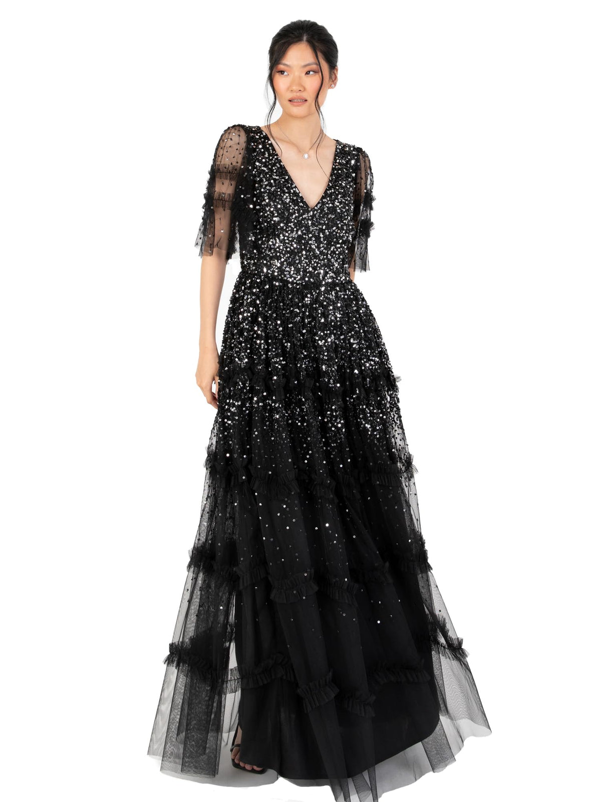 Maya Deluxe Women's Maxi Dress Ladies V-Neck Sequin Embellished Ruffle Detail for Wedding Guest Bridesmaid Prom Occasion Ball Gown, Black, 6