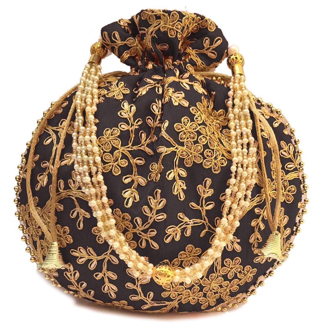 IGH Ethnic Potli Bag Ladies Handbag Purse for Bridal Batwa Pearls Handle Purse Clutch Purse for Women, Black