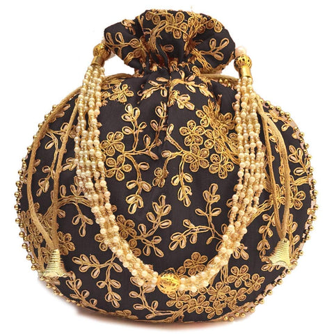 IGH Ethnic Potli Bag Ladies Handbag Purse for Bridal Batwa Pearls Handle Purse Clutch Purse for Women, Black