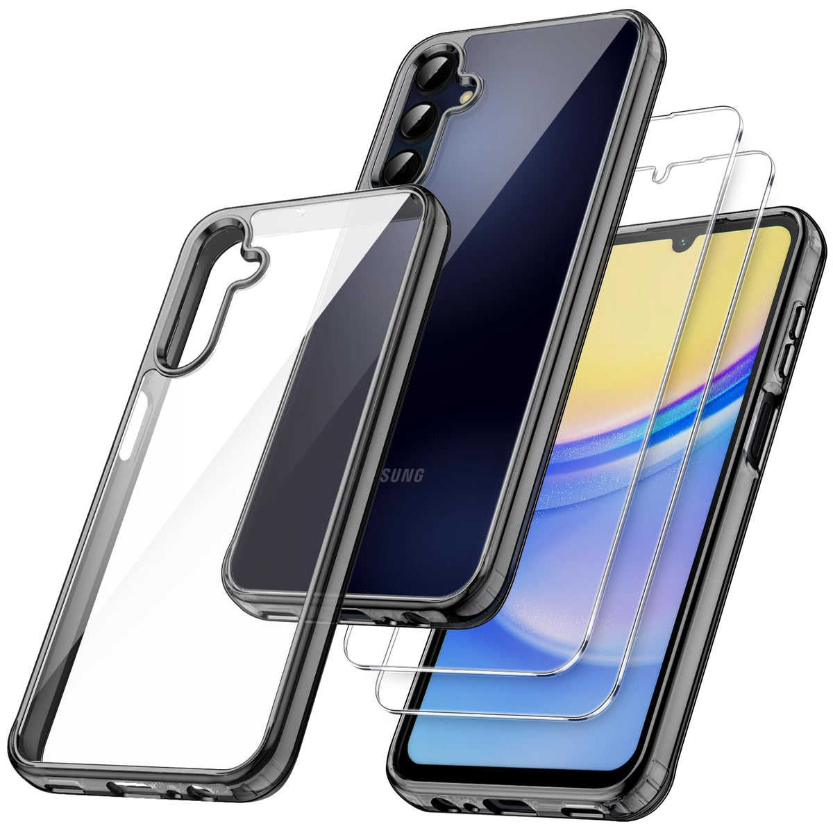 JETech 3 in 1 Case for Samsung Galaxy A15 5G / 4G 6.5-Inch, with 2-Pack Screen Protector, Tempered Glass Film, Shockproof Bumper Phone Protective Cover Clear Back (Black)