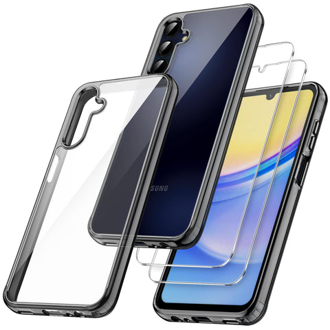 JETech 3 in 1 Case for Samsung Galaxy A15 5G / 4G 6.5-Inch, with 2-Pack Screen Protector, Tempered Glass Film, Shockproof Bumper Phone Protective Cover Clear Back (Black)