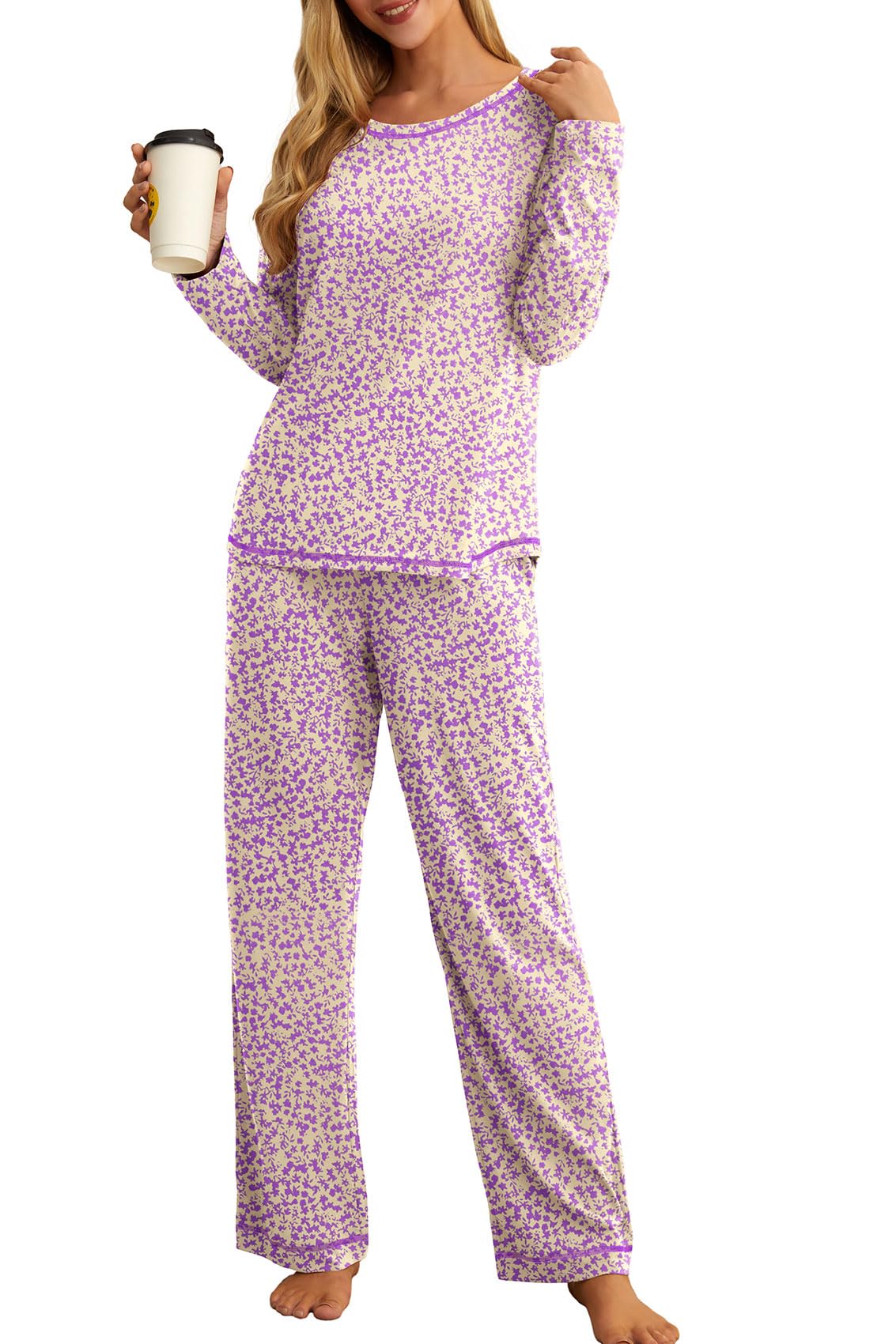 PrinStory Women's Pajama Set 2024 Lounge Sets Long Sleeve Sleepwear Soft 2 Piece Pjs with Pockets FP-Beige Purple Flower-M