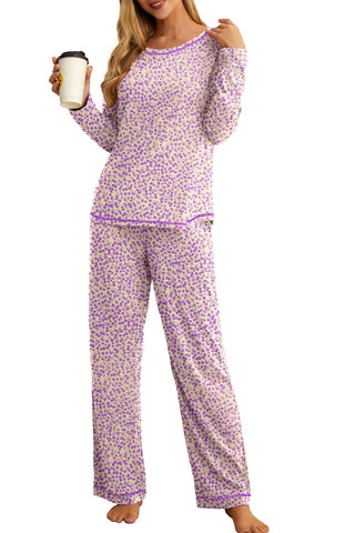 PrinStory Women's Pajama Set 2024 Lounge Sets Long Sleeve Sleepwear Soft 2 Piece Pjs with Pockets FP-Beige Purple Flower-M