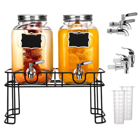 1 Gallon Glass Drink Dispensers with Stand for Parties, 2 Pack Large and Iced Beverage Dispensers, Sun Tea Glass Jar for Outside, Lemonade Juice Dispenser with Iced Core, Vitroleros Para Aguas Frescas