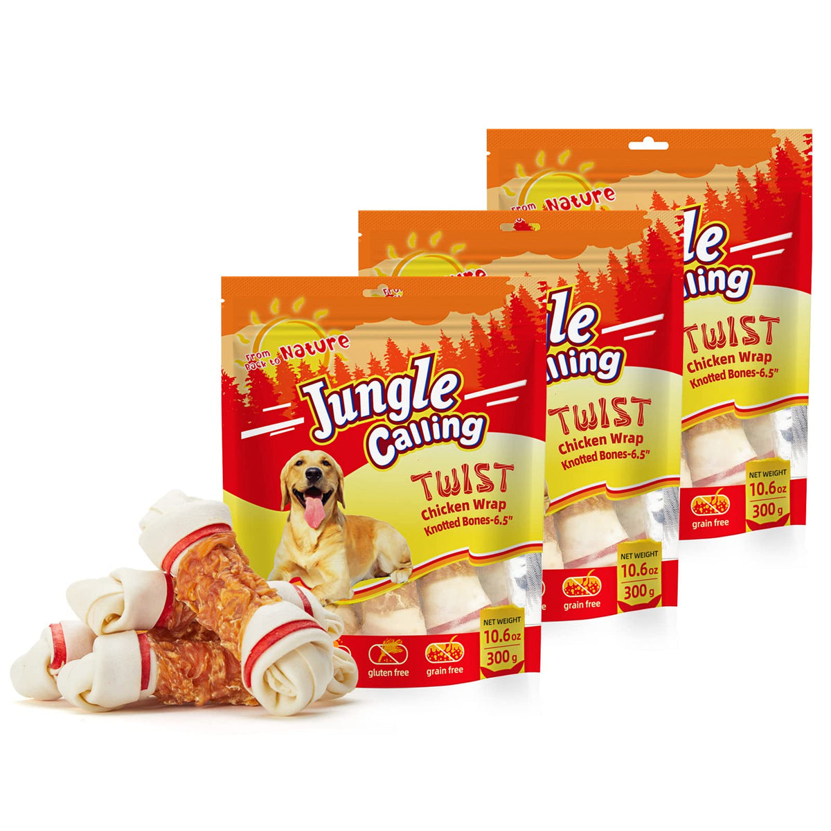 Jungle Calling Chicken Wrap Knotted Bones Dog Chews 6.5" Pack of 4, Long Lasting Beefhide Treats Real Chicken Wrap Rawhide Bones for Large Dogs Training Treats (3 Packs)