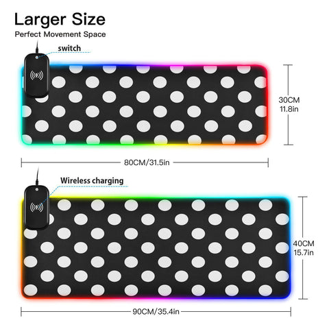 Black White Polka Dots Wireless Charging Mouse Pad for Mobile Phone Extra Large Gaming Mousepad with 13 Lighting Modes Extended Desk Mat for Gaming MacBook PC Laptop Desk Home Office