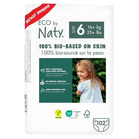 Eco by Naty Eco-Friendly Baby Nappies - 100% Plant-Based Materials on Skin, Soft, for Sensitive Skin & Super Absorbent (Size 6, 102 Count)