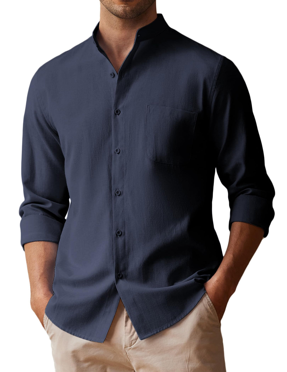 COOFANDY Men's Mandarin Collar Shirts Linen Casual Long Sleeve Button Down Shirt Hippie Beach Shirts Navy Blue