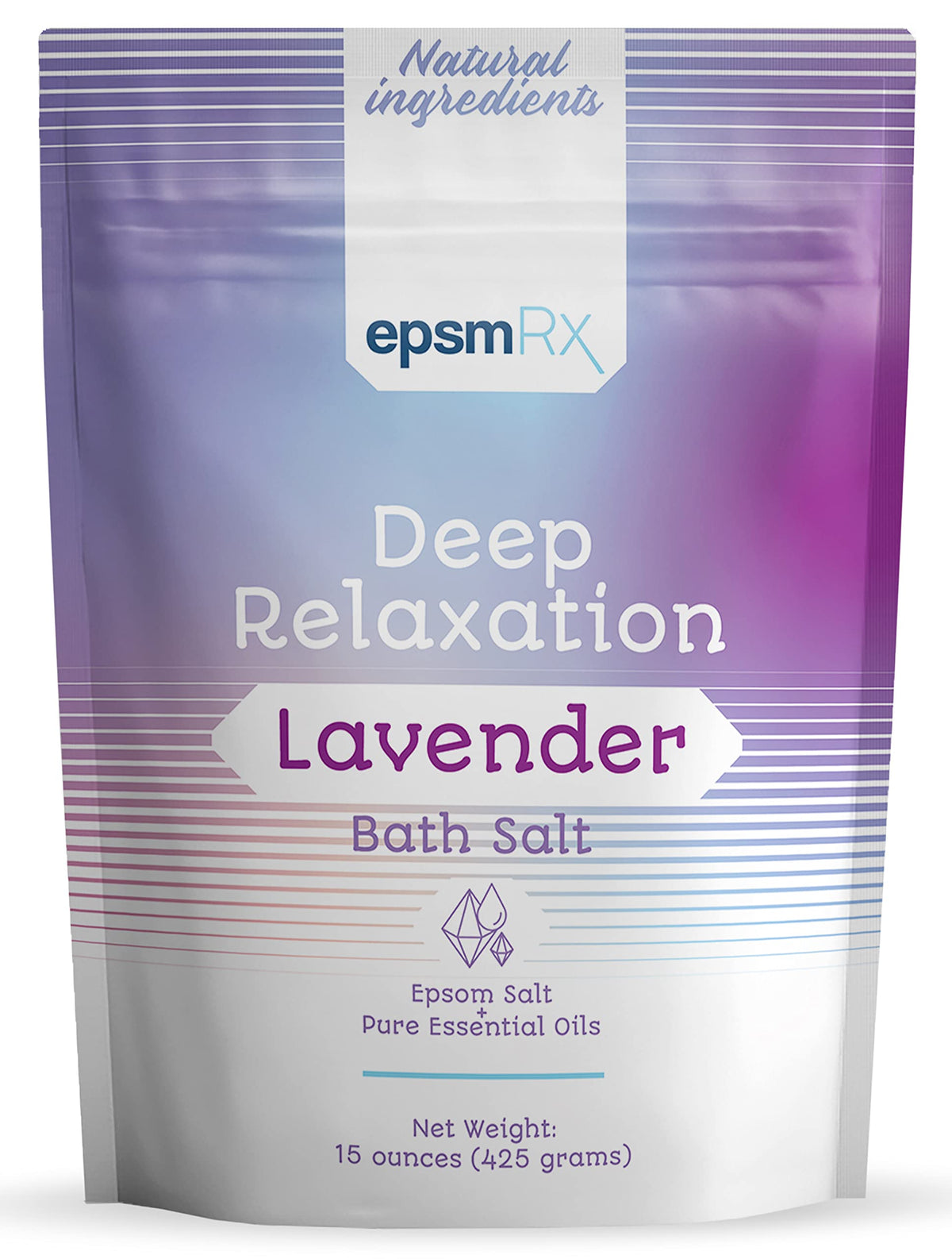 epsmRx Deep Relaxation Bath Salt 15 Oz Epsom Salt Bath Soak Pouch, Lavender Essential Oil