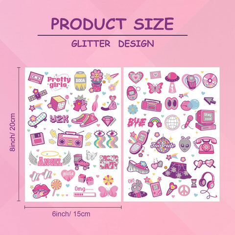 Qpout 130pcs Y2K 2000s Glitter Silver Temporary Tattoos Y2K Party Decoration,2000's Party Favor 00s Pink Face Fake Tattoo Gifts Bachelorette Birthday Stickers for Kids Girls Classroom Prizes Sticker