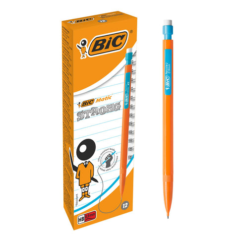 BIC Matic HB Mechanical Pencils and Eraser, Assorted Barrel Colours with Fine Point (0.9 mm), Pack of 12, Yellow,Orange,White,Pink
