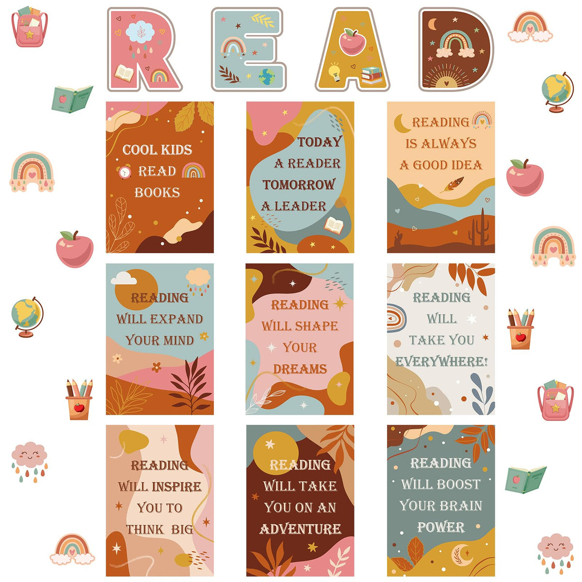 Zonon 45 Pcs Boho Reading Classroom Decorations Read Bulletin Board Set Boho Inspirational Bulletin Board Poster Retro Boho Motivational Bulletin Board Reading Poster Cutouts for Preschool Classroom