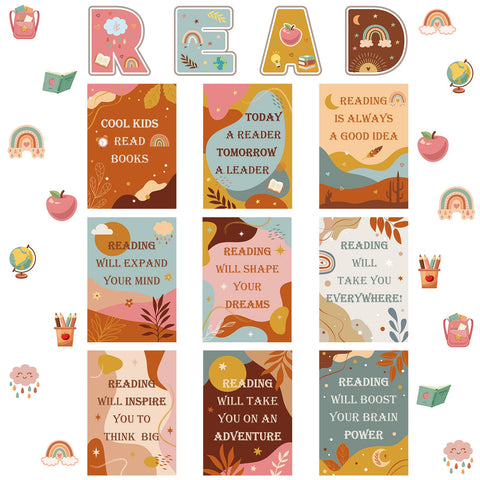 Zonon 45 Pcs Boho Reading Classroom Decorations Read Bulletin Board Set Boho Inspirational Bulletin Board Poster Retro Boho Motivational Bulletin Board Reading Poster Cutouts for Preschool Classroom