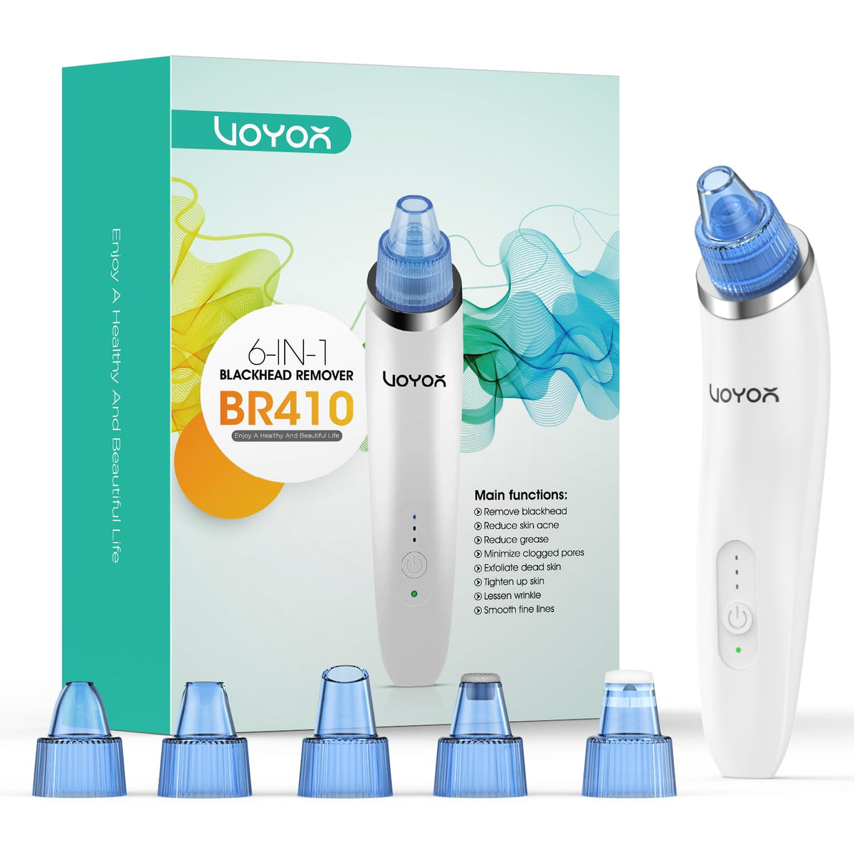 VOYOR Blackhead Remover Vacuum Suction Facial Pore Cleaner Electric Acne Comedone Extractor Kit with 6 Microcrystalline Head for Women and Men Black Heads Extraction BR410