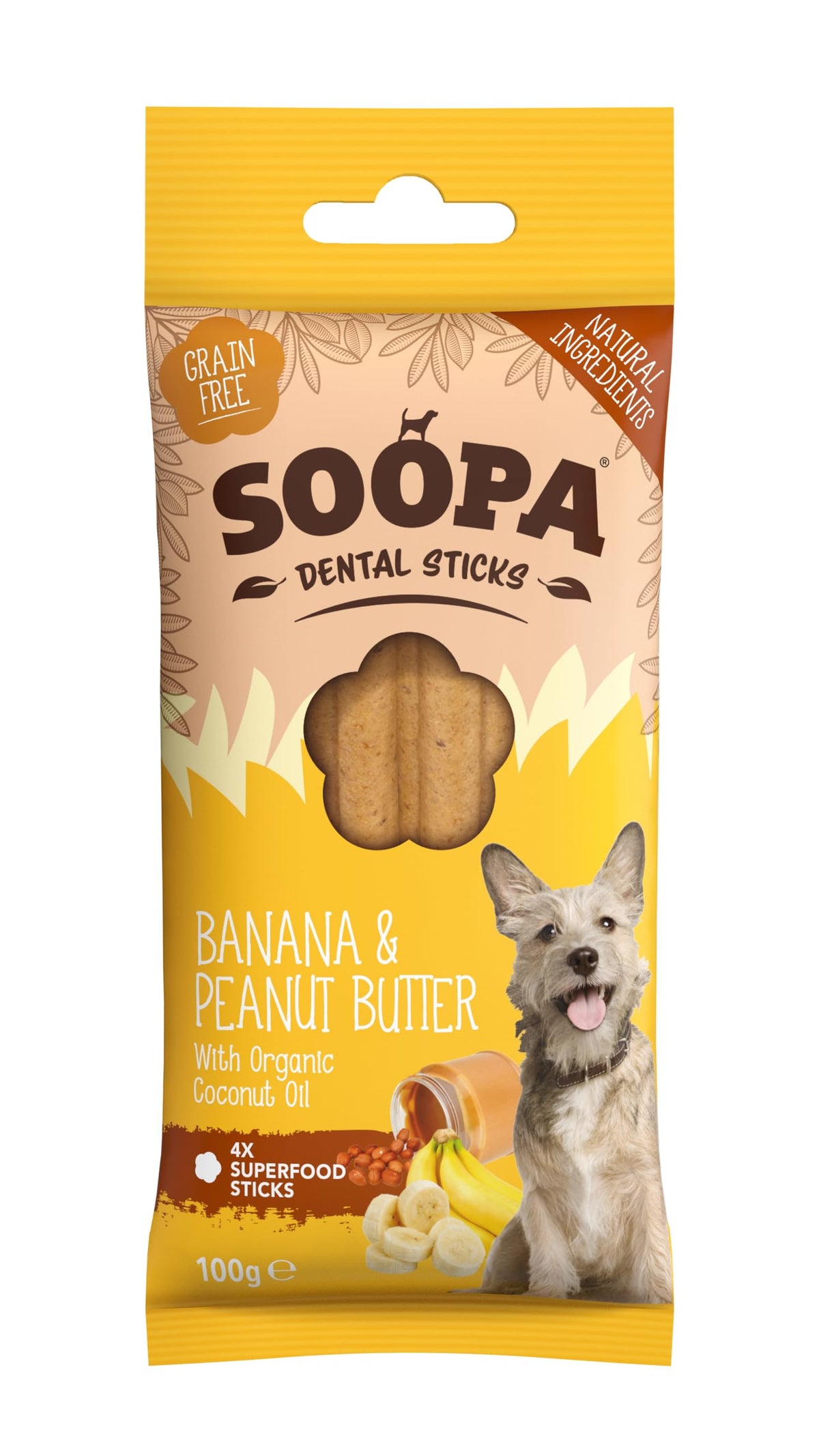 Soopa Grain Free Banana and Peanut Butter Dental Dog Treats, 4 Sticks,100 g (Pack of 1)