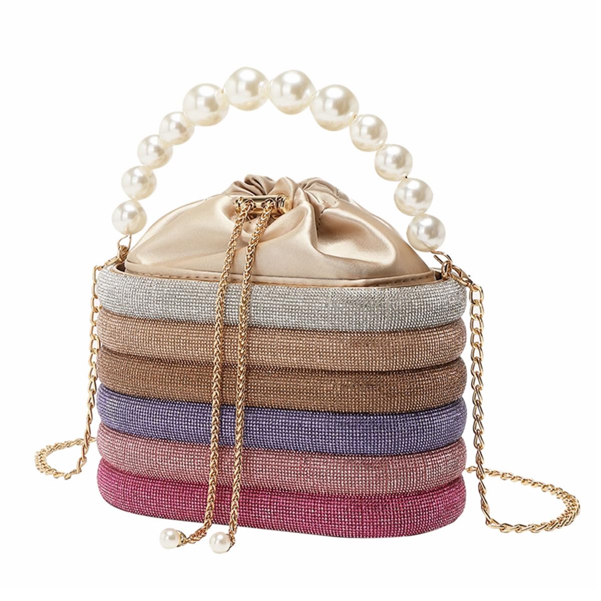 WuDiaoer Women Rhinestone Evening Bag Sparkly Clutch Purses Diamond Handbag Pearl Handle Bucket Bag for Wedding Prom Party, Multicolored