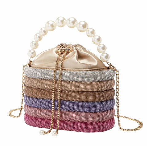 WuDiaoer Women Rhinestone Evening Bag Sparkly Clutch Purses Diamond Handbag Pearl Handle Bucket Bag for Wedding Prom Party, Multicolored