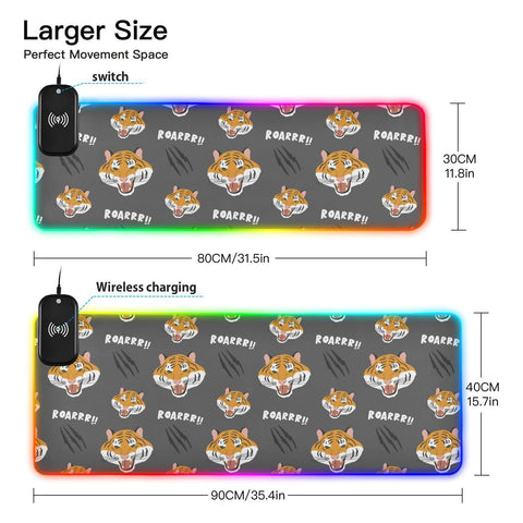 Cute Tiger Gray Wireless Charging Mouse Pad for Mobile Phone Extra Large Gaming Mousepad with 13 Lighting Modes Extended Desk Mat for Office Home Gaming MacBook PC Laptop Desk