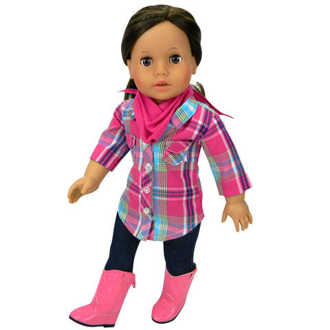 Sophia's 18" Doll 4 pc. Western Outfit Plaid Shirt, Jeggings, Pink Boots and Bandana Outfit, Multicolor