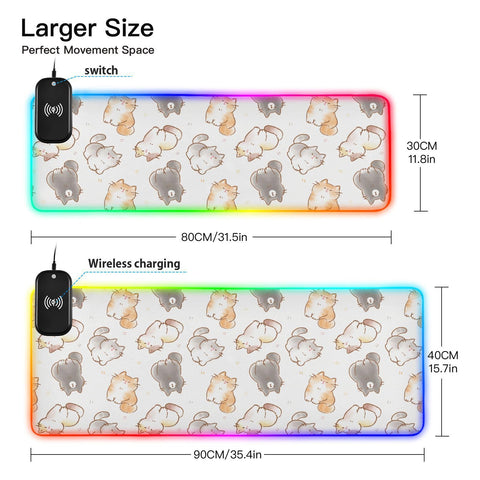 Cartoon Cats Wireless Charging Mouse Pad for Mobile Phone Extra Large Gaming Mousepad with 13 Lighting Modes Mouse Mat for Gaming MacBook PC Laptop Desk Office Home