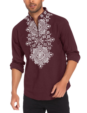 COOFANDY Men's Henley Shirt Vyshyvanka Long Sleeve African Print Shirts Casual Zip Up Cotton Linen Beach Hippie Shirt, Dark Red, Medium