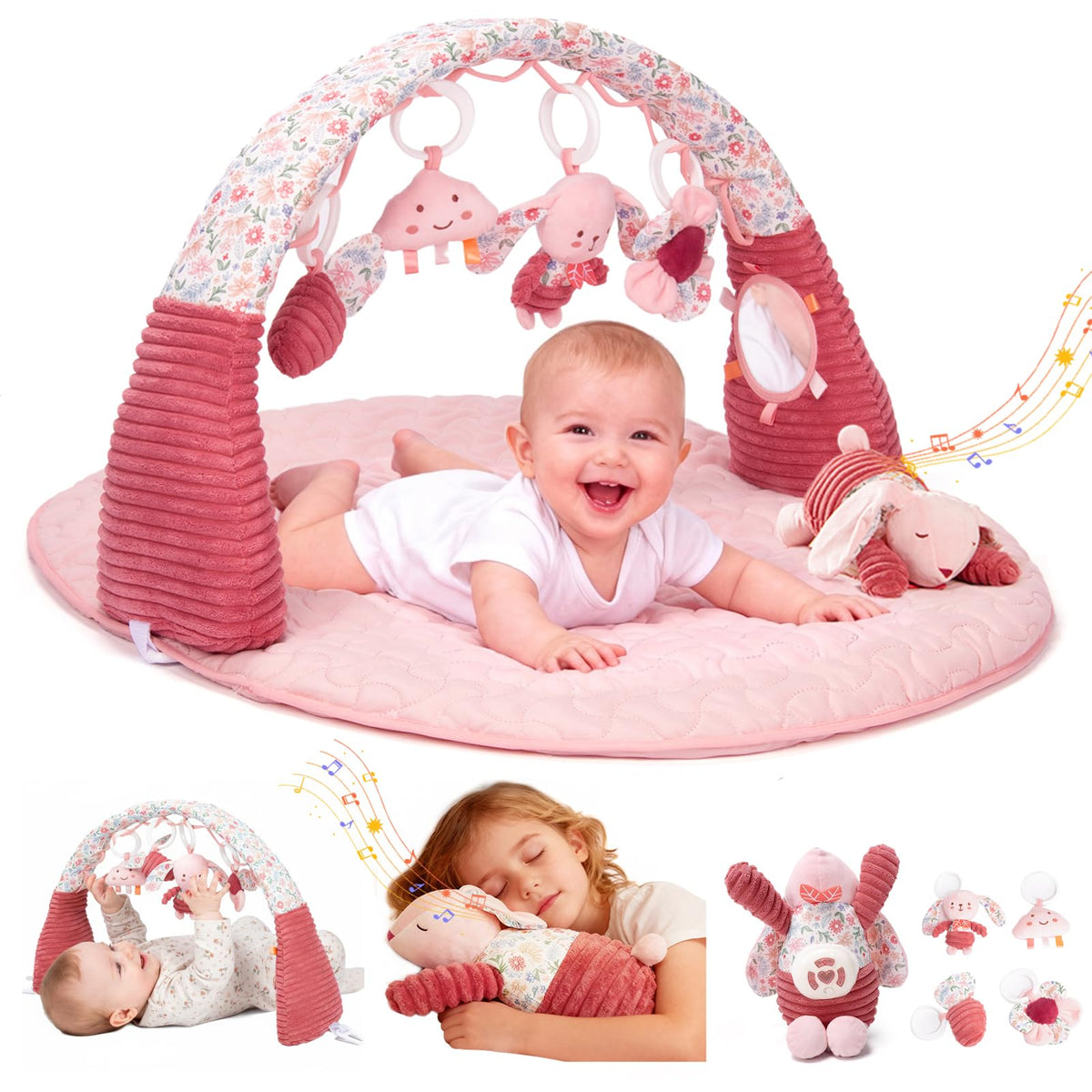 Baby Play Gym, Tummy Time Play Mat for Babies 0-6 Months & 6-12 Months, Pink Portable Infant Play Gym Mat, Baby Essentials Personalized Gifts