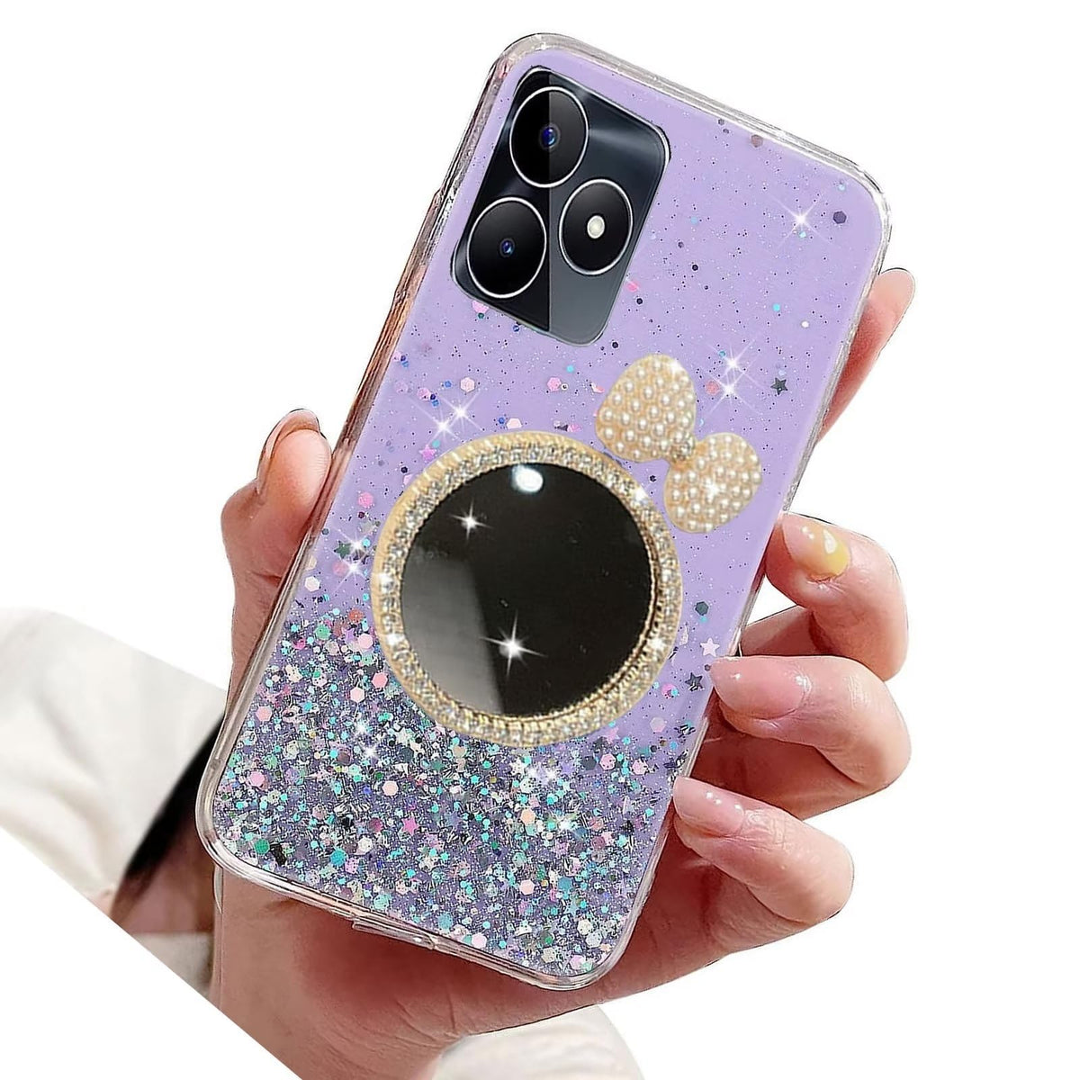 Rnrieyta Miagon Glitter Cover for Oppo Realme C53,Soft Slim Silicone Protective Cute Clear Sparkly Bling Star Bumper Case for Girls Women,Mirror Bow-Knot Purple