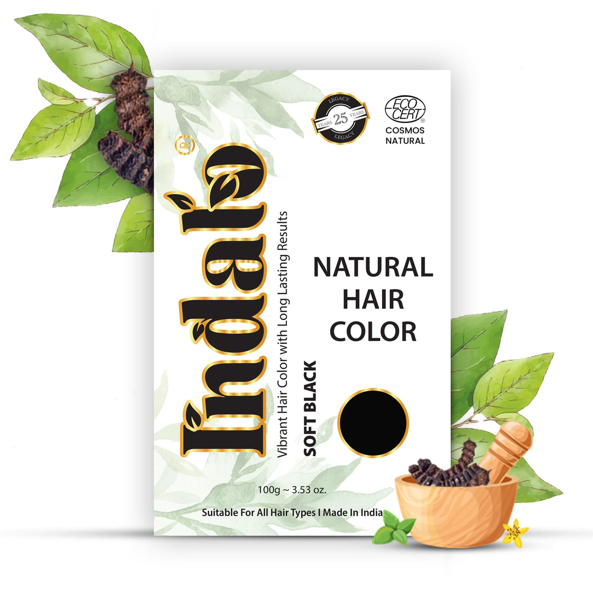 Indalo Natural Hair Color Soft Black | No Ammonia, No Paraben, No PPD, Soft Black Hair Color | Suitable for Men & Women (100g)