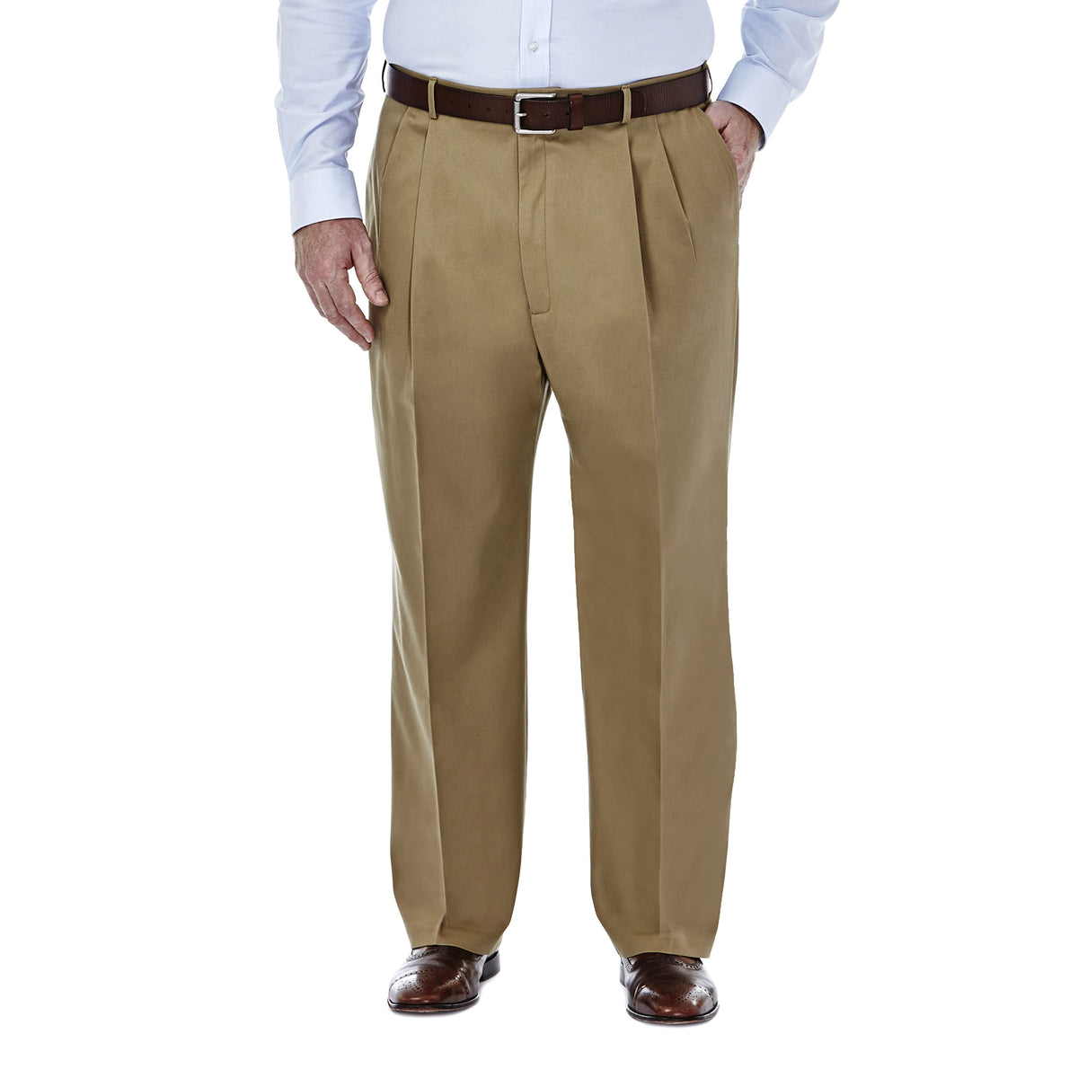 Haggar Men's Premium No Iron Classic Fit Pleat Front Casual Pant (Regular and Big & Tall Sizes), British Khaki-BT, 48Wx36L