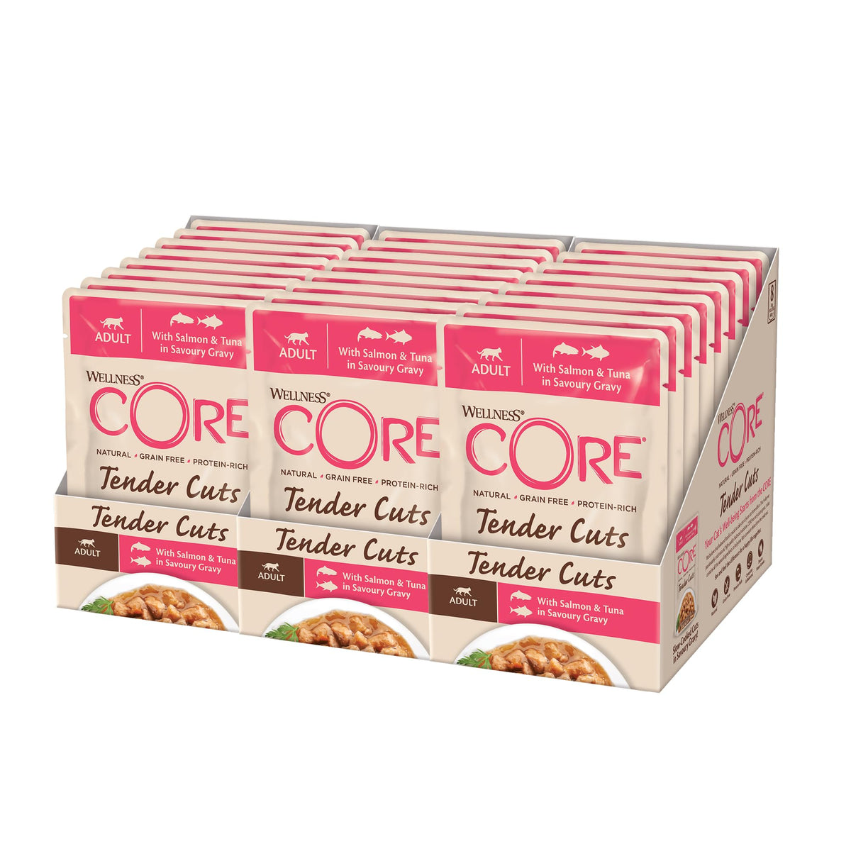 Wellness CORE Tender Cuts, Wet Cat Food, Cat Food Wet with Tender Pieces in Sauce, Grain Free, High Meat Content, Salmon & Tuna, 24 x 85 g