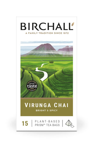 Birchall Tea Bags, Virunga Chai, Spiced Black Tea Bursting with Spicy Flavors, Gift For Tea Lovers, 1 Pack of 15 Plant Based Prism Tea Bags
