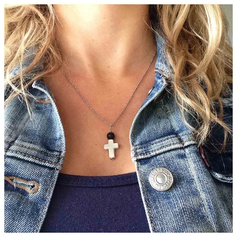 Yheakne Boho Cross Pendant Necklace Black Lava Bead Choker Necklace Silver Chain Necklace Minimalist Everyday Necklace Jewelry for Women and Girls