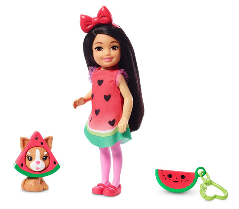 Barbie Club Chelsea Dress-Up Doll in Watermelon Costume with Accessories, 6-Inch Brunette, for 3 to 7 Year Olds