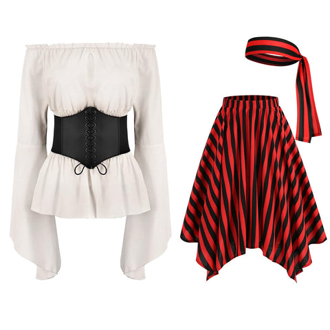 Odizli Pirate Costume Women's Off Shoulder Blouse + Striped Skirt + Corset + Headscarf Viking Pirate Costume, White, M