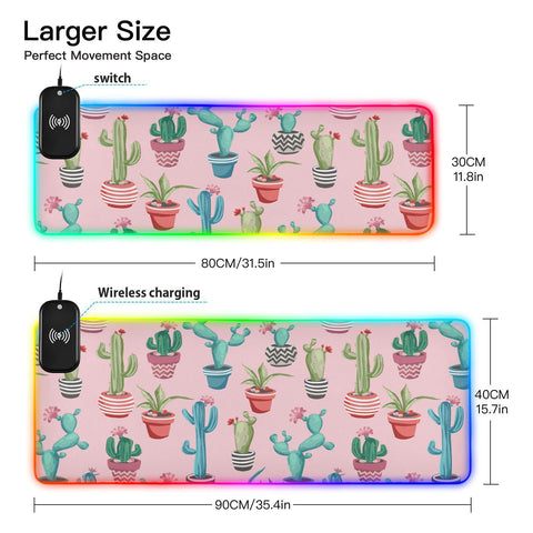 Cacti Flower Cactus Wireless Charging Mouse Pad for Mobile Phone Extra Large Gaming Mousepad with 13 Lighting Modes Computer Mat for Gaming MacBook PC Laptop Desk Office Home