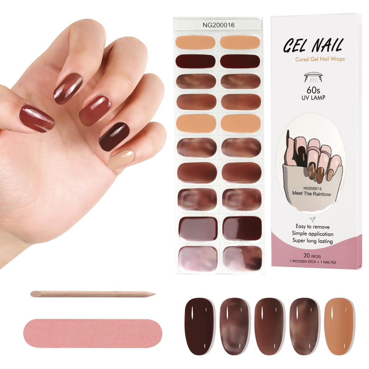 Kalolary Semi Cured Gel Nail Strips, Long Lasting Gel Nail Art Stickers with Any Nail Lamps, 20pcs Gel Nail Wrap Stickers Easy Apply&Remove with Nail File & Stick