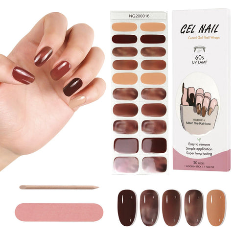 Kalolary Semi Cured Gel Nail Strips, Long Lasting Gel Nail Art Stickers with Any Nail Lamps, 20pcs Gel Nail Wrap Stickers Easy Apply&Remove with Nail File & Stick