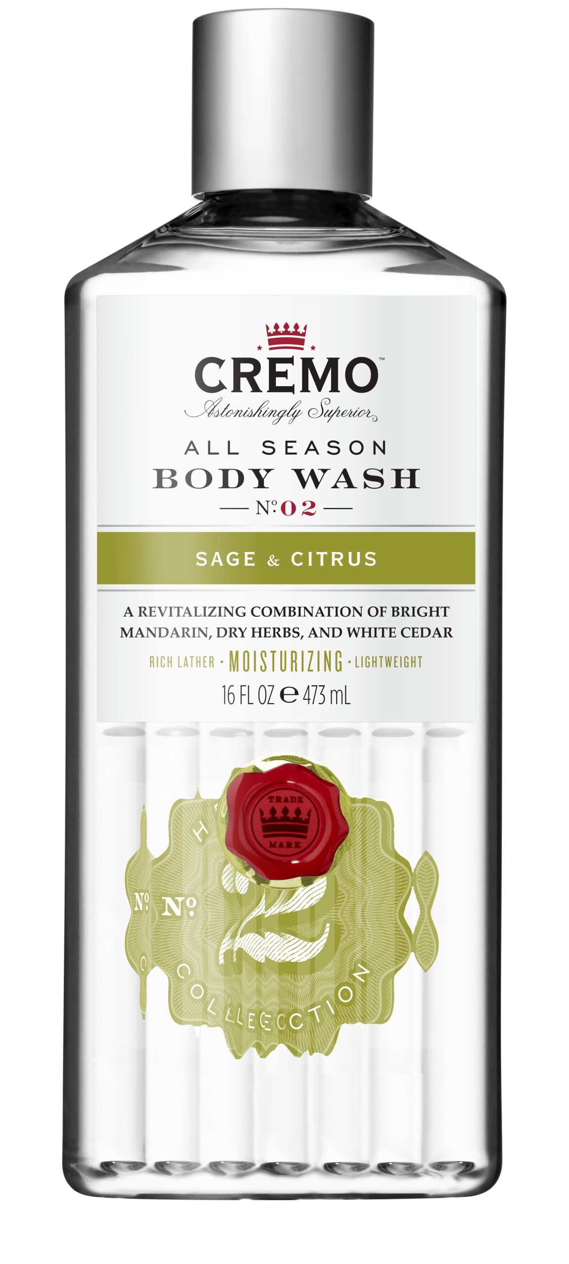 CREMO - Moisturising Body Wash For Men - Revitalising Sage & Citrus Shower Gel - 473ml
