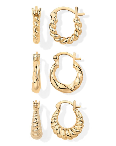 PAVOI 14K Yellow Gold Plated Sterling Silver Posts 3 Pairs Rope Twisted Hoop Earrings Set | Three Chunky Huggie Hoop Pack | Earscape for Women 14mm 13mm 10mm